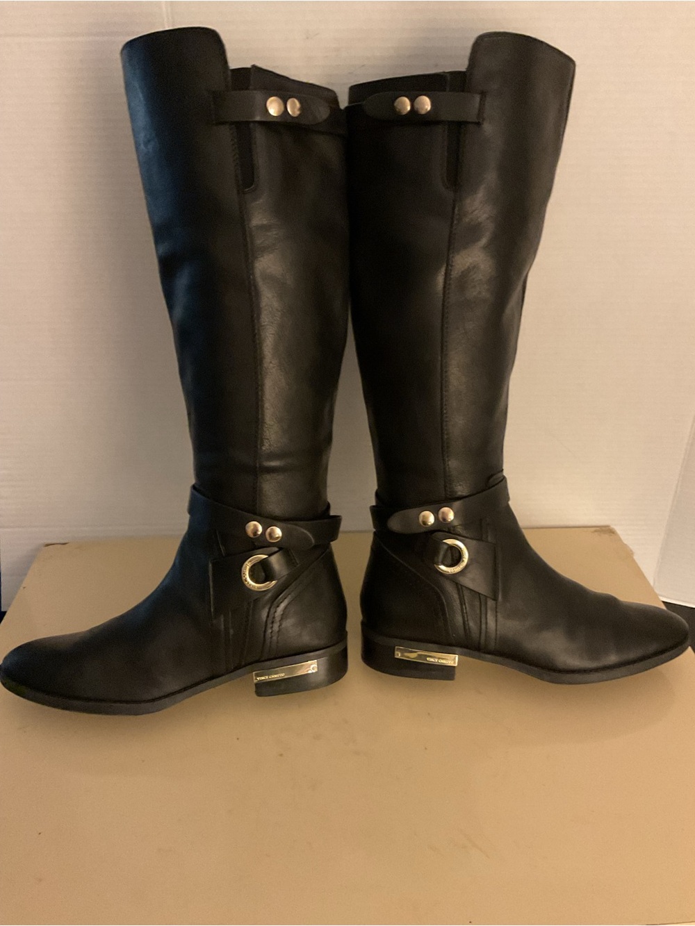 Vince Camuto Black Leather tall knee high riding boots with Gold Hardware US 9 - Picture 10 of 11